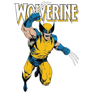 Pode incluir: Uma ilustração gráfica da personagem de banda desenhada Wolverine num traje amarelo e azul com detalhes de máscara preta, mostrada numa pose de salto dinâmica com garras de metal estendidas em ambas as mãos, sob o texto WOLVERINE.