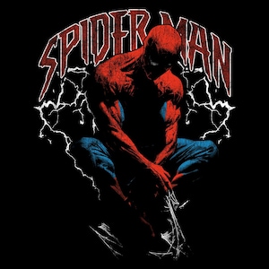 May include: A graphic print featuring Spider-Man in a crouched pose with red and blue colors. The text SPIDER-MAN appears in a distressed red font above the character, surrounded by white lightning bolt illustrations against a solid black background.