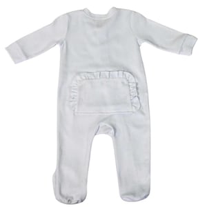 May include: A light blue baby sleeper with long sleeves and attached feet. The sleeper features a ruffled pocket detail on the front. The garment is made of a soft, comfortable material.
