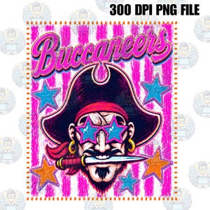 May include: A digital graphic featuring a pirate with star-shaped sunglasses, a red bandana, and a knife in his mouth. The word "Buccaneers" is in pink script above the pirate, with blue and orange stars surrounding the image. The background has pink and white vertical stripes.