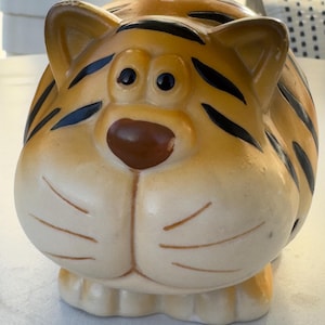 Vintage Tiger Cat Coin Piggy Bank Orange & Black Striped Tiger Kitten Ceramic J