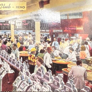 Publicidad del Nevada Club, juegos de azar, postal antigua de Reno, Nevada