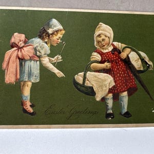 Vintage Embossed Easter Postcard  2 Young Girls with Basket of Eggs  Early 1900s Holiday Greeting  Antique Spring Ephemera