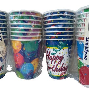 Lot of 32 VTG DesignWare American Greetings Birthday Party Cups  9 oz  Hot/Cold  80s 90s Paper Cups  Unused Partyware