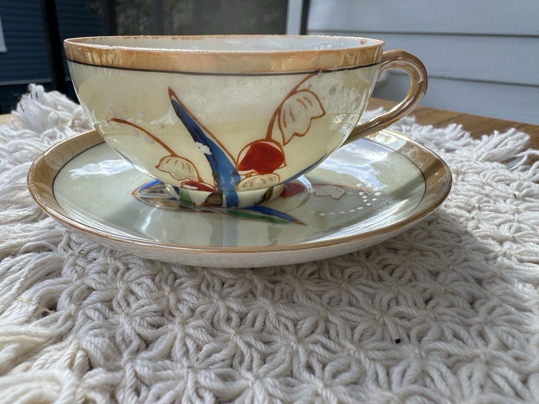 VTG Japanese Lusterware Takito Tea Cup and Saucer Red Rose
