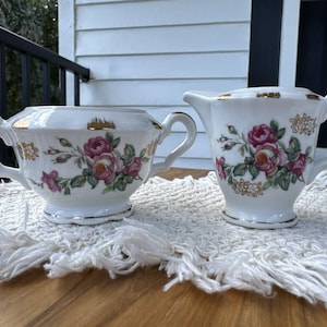 Ucagco hand painted Pink Flower Gold Trim White creamer & sugar bowl (NO LID)
