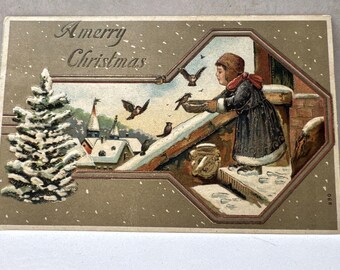 Vintage Embossed Christmas Postcard  Child Feeding Birds  Multilingual Merry Christmas  Early 1900s Holiday Greeting