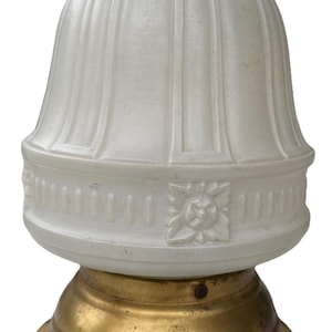 May include: A vintage-style light fixture with a white, ribbed glass shade and a brass base. The shade has a decorative floral pattern and a rounded top. The brass base is circular and has a slightly aged appearance.