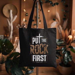 Put the Rock First Christian Tote Bag, Eco Friendly Faith Canvas Bag, Inspirational Reusable Shopping Tote, Religious Gift for Women and Men