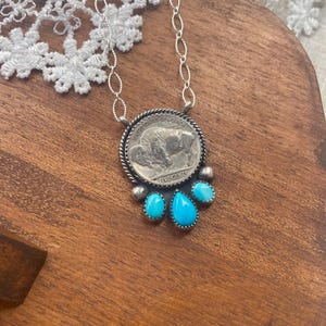 Buffalo Nickel Necklace, Sonora Gold Turquoise, Sterling Silver Chain, Southwestern Statement Jewelry