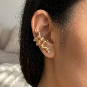 May include: Gold-colored ear cuff in the shape of a snake, wrapping around the ear. The snake's body has a textured, scale-like pattern. The jewelry piece is worn on the ear, with the head and tail of the snake curving around the ear.