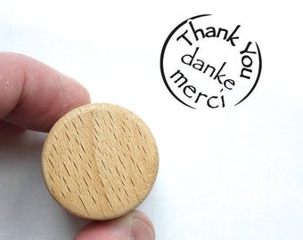 Thank You Stamp, Danke Merci Stamp, Rubber with Wooden Handle