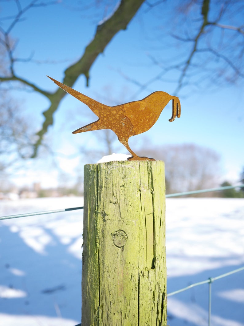 Garden Bird with Worm, Rusty Metal Blackbird image 2