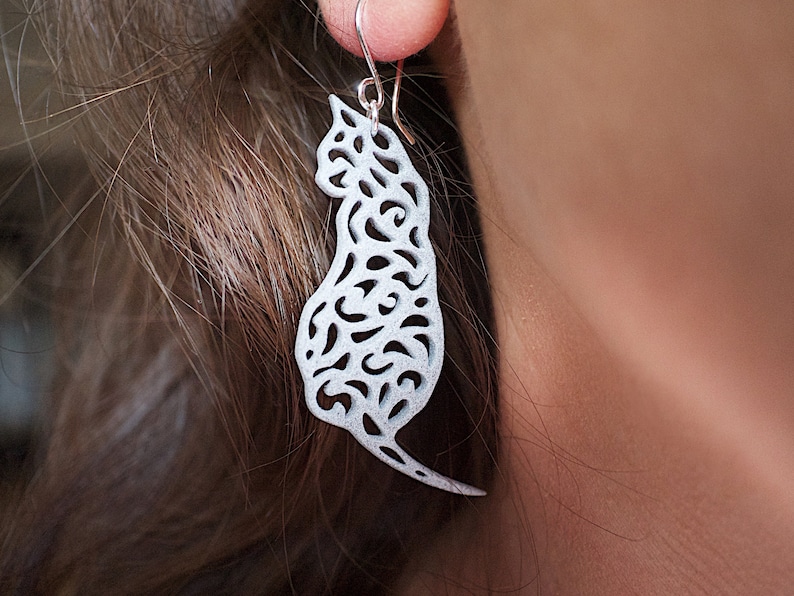 Silver Cat Earrings Kitty Gift for Her Cat Lovers Silver Gray image 1