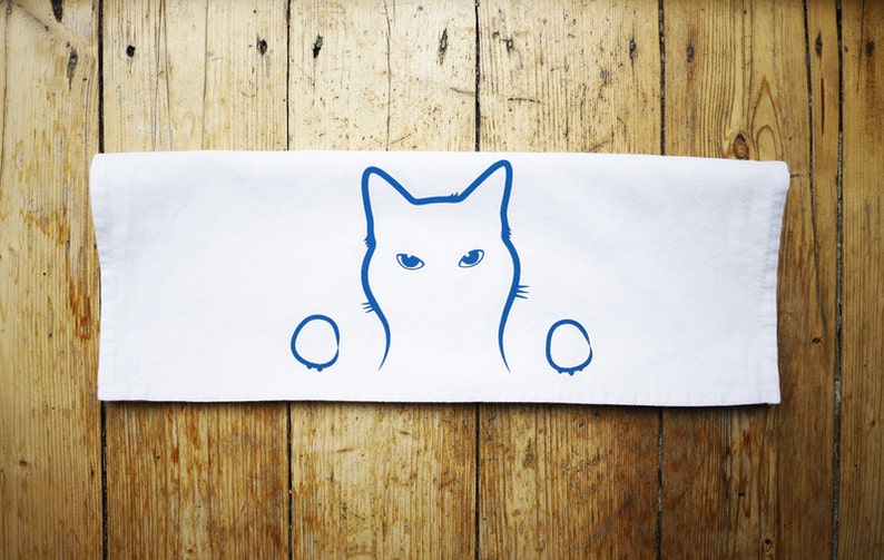 Cat Tea Towel, Screen Printed Cotton Kitchen Towel image 1