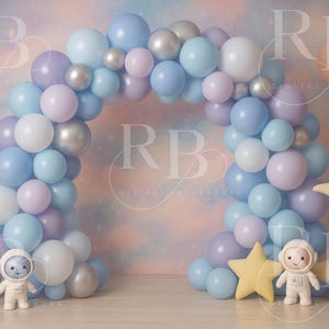 Space balloon arch digital backdrop composite background party children birthday cake smash photography photoshoot planet stars boy moon