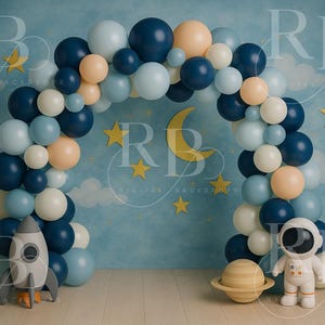 Space balloon arch digital backdrop composite background party children birthday cake smash photography photoshoot planet stars boy moon