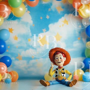 Toy balloon arch story digital backdrop composite background Woody Buzz children birthday cake smash photography photoshoot photographer boy