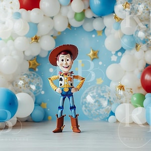 Toy balloon arch story digital backdrop composite background Woody Buzz children birthday cake smash photography photoshoot photographer boy