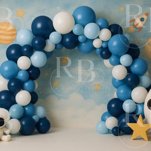 Space balloon arch digital backdrop composite background party children birthday cake smash photography photoshoot planet stars boy moon