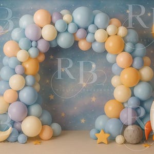 Space balloon arch digital backdrop composite background party children birthday cake smash photography photoshoot planet stars boy moon