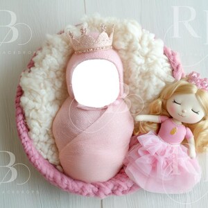 princess face insert newborn basket digital backdrop baby digital background pink photoshoot photography composite crown girl cream white