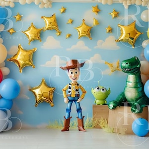 Toy balloon arch story digital backdrop composite background Woody Buzz children birthday cake smash photography photoshoot photographer boy