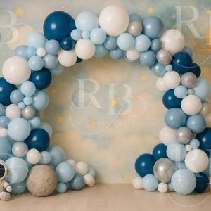 Space balloon arch digital backdrop composite background party children birthday cake smash photography photoshoot planet stars boy moon