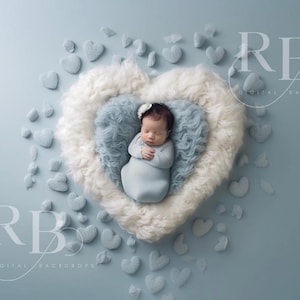 Blue White fluffy Heart Newborn Digital Backdrop, Digital Background newborn photography love Valentine&#39;s Day digital composite photographer