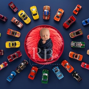 Toy cars Newborn Digital Backdrop photography digital background baby boy blue red toy cars composite photoshoot photographer newborn basket