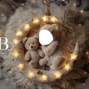 Teddy bear moon sleeping baby face insert composite newborn digital backdrop, baby digital background newborn photography photoshoot ai