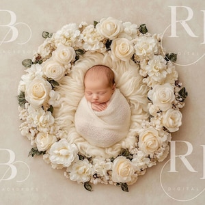cream white floral newborn photography digital backdrop, baby photography digital background, roses flowers spring newborn basket composite