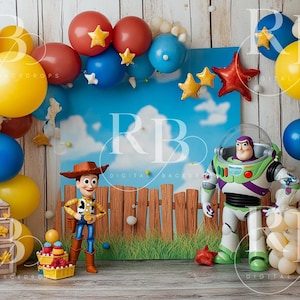 Toy balloon arch story digital backdrop composite background Woody Buzz children birthday cake smash photography photoshoot photographer boy