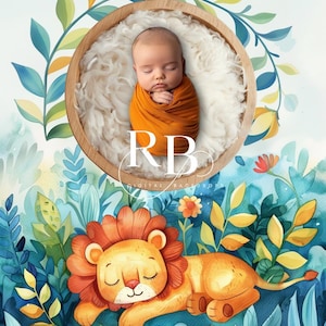 Lion illustration watercolour Newborn Digital Backdrop, baby photography digital background newborn basket composite photographer photoshoot