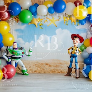 Toy balloon arch story digital backdrop composite background Woody Buzz children birthday cake smash photography photoshoot photographer boy
