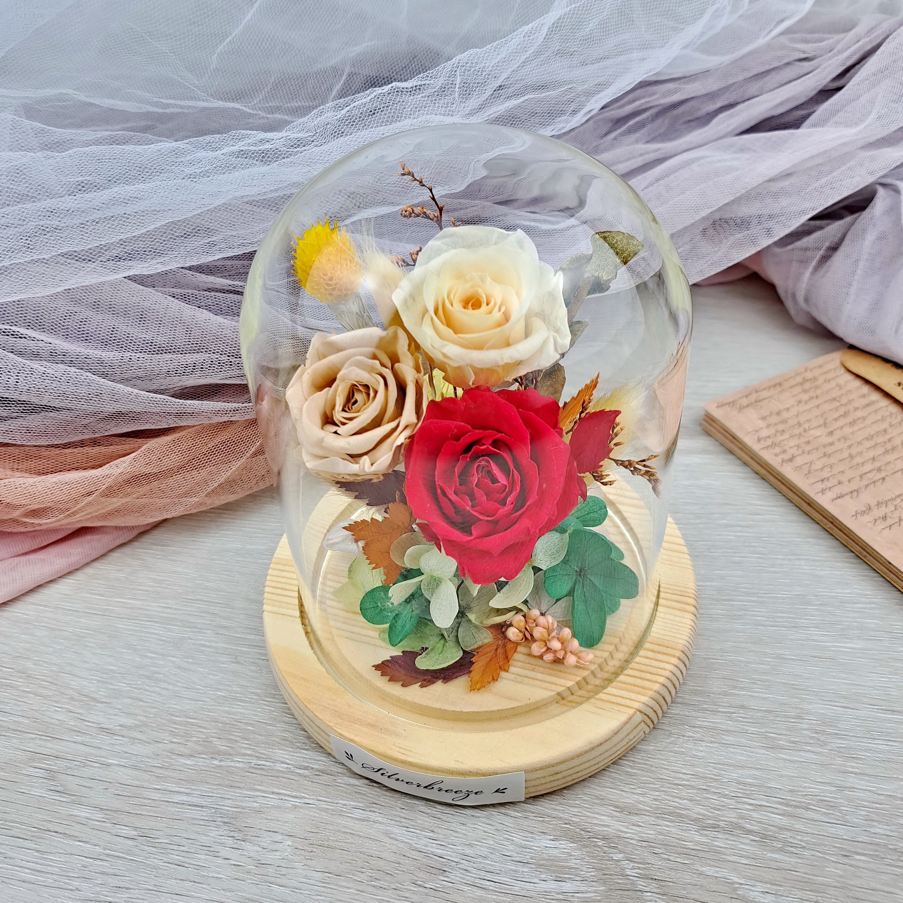Rosa Eterna In Pelle Sotto Cupola Di Vetro Con Base In Legno - Regalo Per 3° Anniversario, San Valentino, Festa Della Mamma