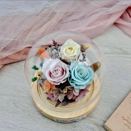 Rosa Eterna In Pelle Sotto Cupola Di Vetro Con Base In Legno - Regalo Per 3° Anniversario, San Valentino, Festa Della Mamma
