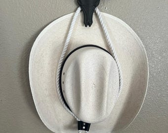 Rustic Cast Iron Cattle Skull Cowboy Hat Display with Rope & Leather Accents