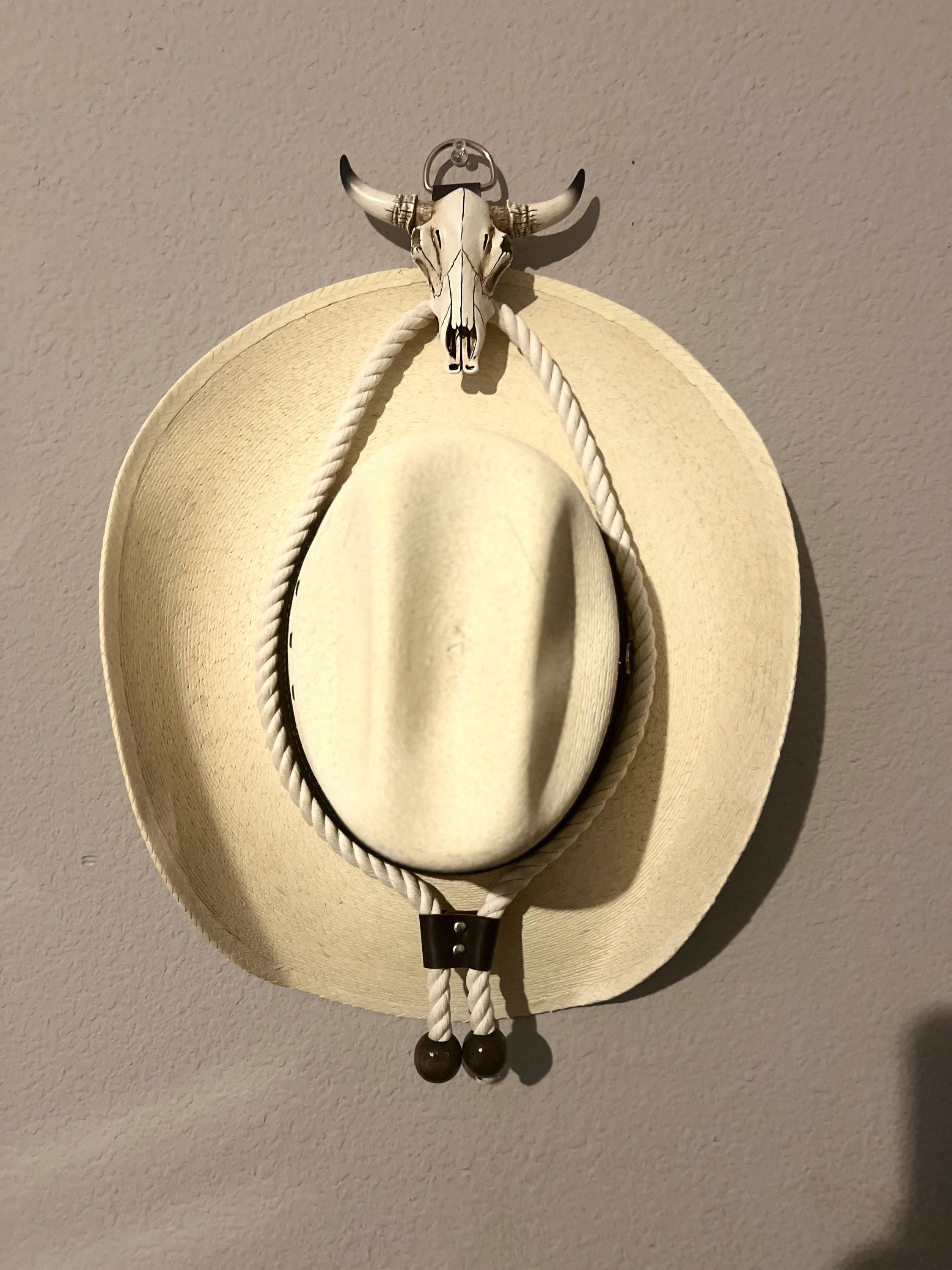 Ceramic Cattle Skull Cowboy Hat Hanger with Rope & Leather Accents
