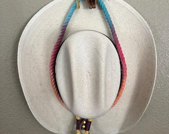 Vibrant Ceramic Cattle Skull Cowboy Hat Hanger with Colorful Rope & Leather Accents