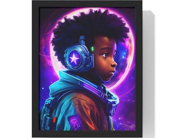 Black Boy Space Cadet Futuristic Wall Art Print, Boy in a Spacesuit, bedroom art Art,  Printables, Digital Art