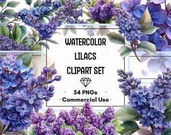 Lilac Clipart Set – Watercolor Blooms, Wreaths, Bouquets & Frames | 54 PNG Files | 300 DPI | Commercial Use