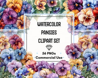 Pansies Clipart Set – Watercolor Cottage Blooms, Wreaths & Pots | 56 PNG Files | 300 DPI | Commercial Use