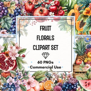Ensemble de cliparts fruits et fleurs – Aquarelle de fruits avec fleurs et éléments botaniques | 60 fichiers PNG | 300 ppp | Utilisation commerciale