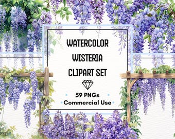 Wisteria Clipart Set – Watercolor Hanging Vines, Blooms & Frames | 59 PNG Files | 300 DPI | Commercial Use