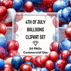 4th of July Balloons Clipart – Patriotic Red, White & Blue Balloons | Watercolor PNG Set | 300 DPI