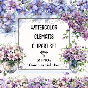Clematis Clipart Set – Watercolor Flowers, Vines & Bouquets | 51 PNG Files | 300 DPI | Commercial Use