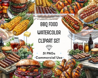 Clipart de barbacoa: perritos calientes, hamburguesas, parrilladas / PNG acuarela del 4 de julio / 300 DPI