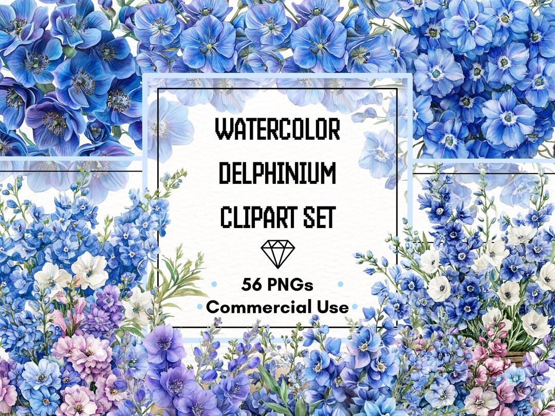 Delphinium Clipart Set – Watercolor Blue & Lavender Florals | 56 PNG ...