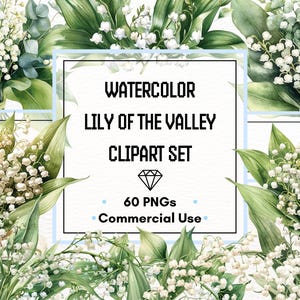 Ensemble de cliparts muguet : fleurs, brins et compositions aquarelles | 60 fichiers PNG | 300 ppp | Utilisation commerciale